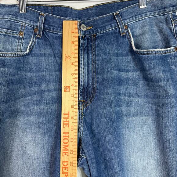 Lucky Brand Dungarees Loose Fit Short Length Jeans Mens 34x27 Blue Raw Hem Baggy - Picture 11 of 13